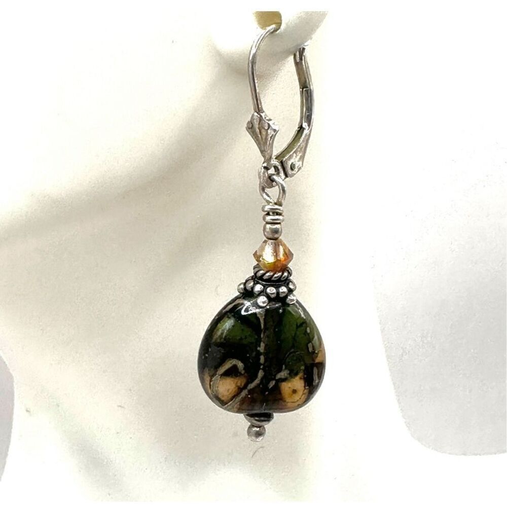 Green glass crystal sterling silver earrings